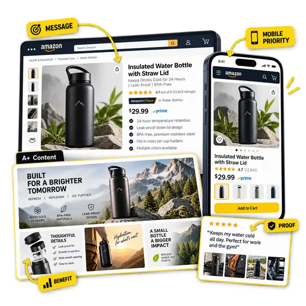 Amazon product listing shown as a desktop and mobile marketplace experience with simple GUINEO messaging annotations