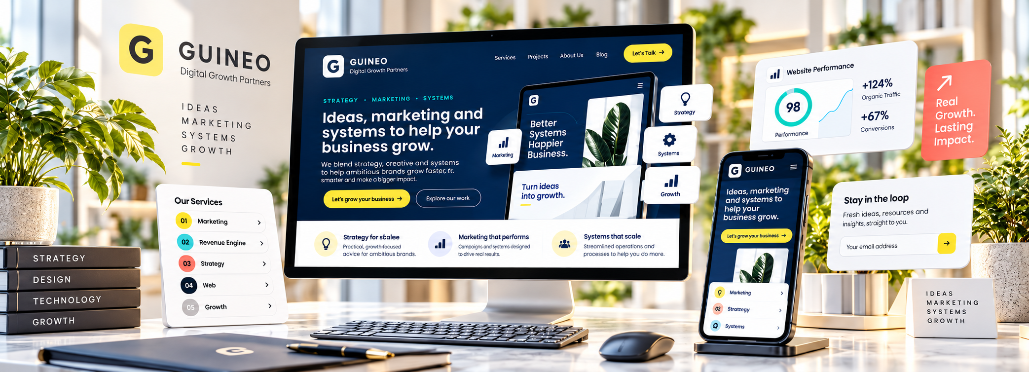 GUINEO Web & Digital showcase with desktop and mobile website experiences