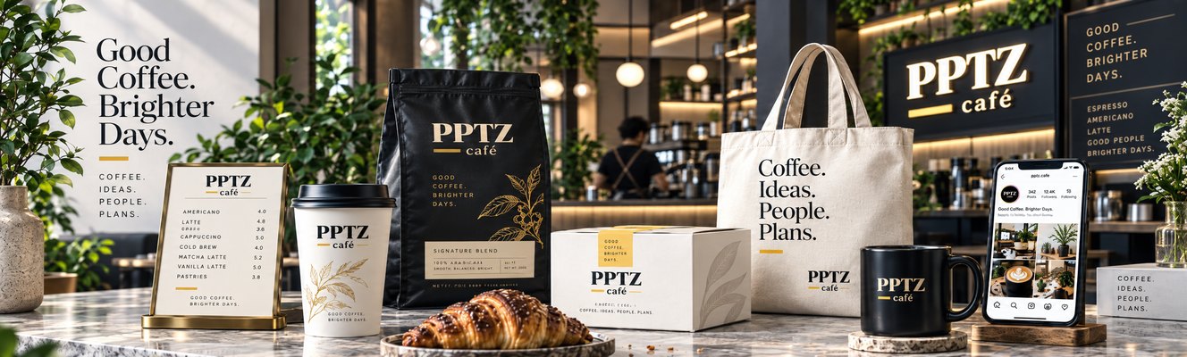 PPTZ café premium brand identity showcase with packaging, signage, tote bag, coffee cup and social media mockup